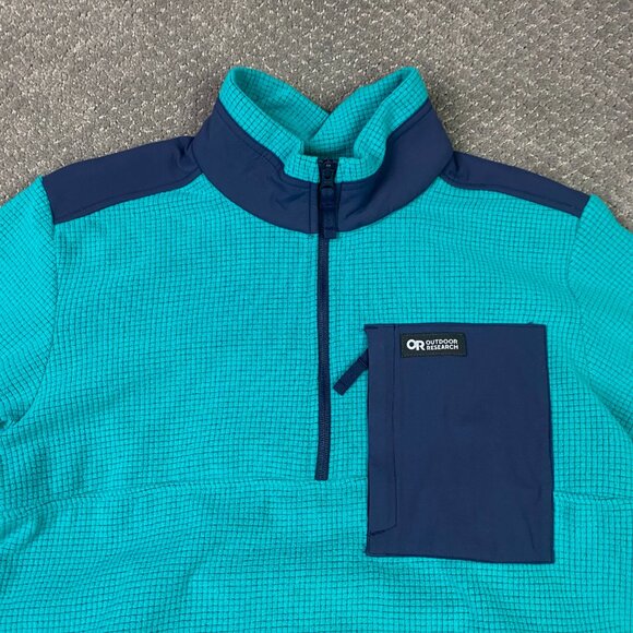 Outdoor Research Trail Mix 1/4 Zip Pullover Medium Teal Navy Waffle Grid Fleece - Picture 2 of 11